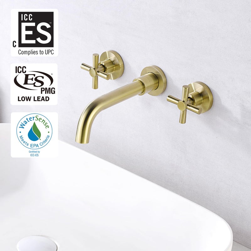 sumerain Brushed Brass Wall Mount Bathroom Faucet Two Cross Handles and Rough-in Valve Included,SUMERAIN - Image 2